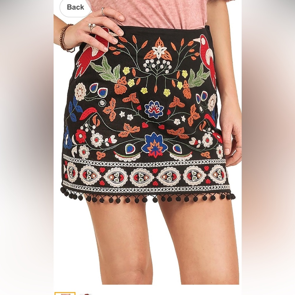 Umgee Pom Pom Black Mini Skirt with Colorful Embroidered Birds and Florals - Picture 3 of 12
